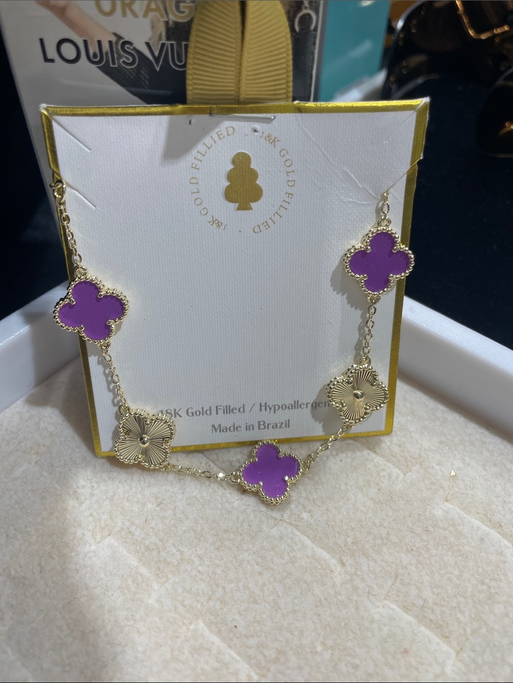 Gold Filled Necklace with Purple Clover Motifs